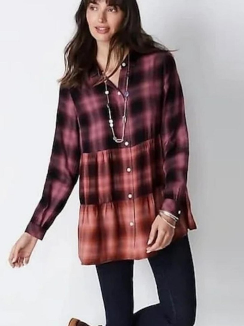J. Jill Pink to Orange Ombre Plaid Tiered Button-Down Top